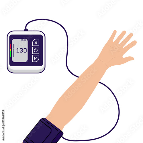 Tonometer and pulse monitor with digital manometer, human hand, blood pressure measurement, vector, white background
