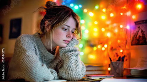 A thoughtful young woman, surrounded by a warm glow, looking down at her work, with colorful lights in the background. She conveys a sense of introspection and contemplation.