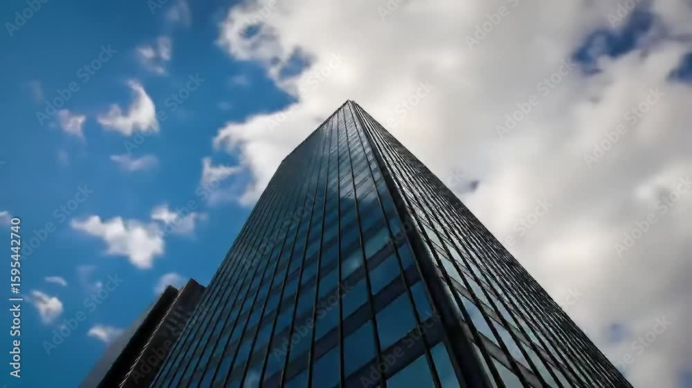 Striking low angle view of a modern glass office building under a dynamic blue sky with fluffy clouds Striking low angle view of a modern glass office building under a dynamic blue sky with fluffy clouds