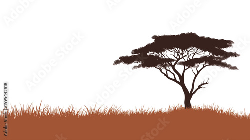 Silhouette of Dry African Savanna Landscape with Acacia Tree