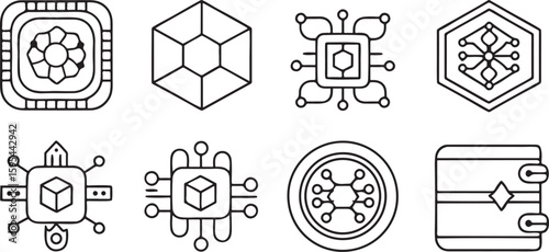 Isolated NFT blockchain vector icons, crypto token and digital asset technology, wallet, smart contract, decentralized node, exchange, futuristic design