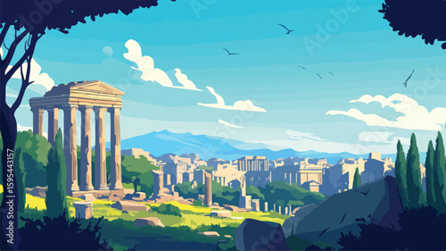 Roman Architecture and Ancient Ruins Landscape: Historical Beauty Captured in a Picture