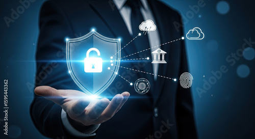 Cyber Security Concept: Businessman Holding Shield with Padlock, Cloud, Bank, Fingerprint Icons. Data Protection, Digital Safety, Online Privacy - Stock Photo
