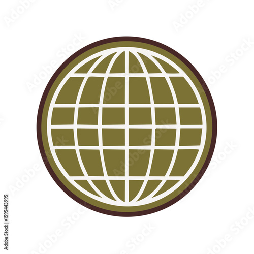 World Globe Graphic with Coordinate Grid Round Earth Brown Olive Green and White Illustrated Design for Global Concepts