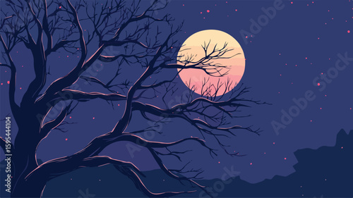 Serenity in Nature: Moonlit Night with Bare Tree Branches Casting Calm Shadows