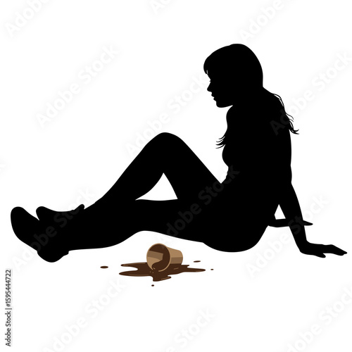 Silhouette of a woman sitting on the floor with spilled coffee - Concept of burnout