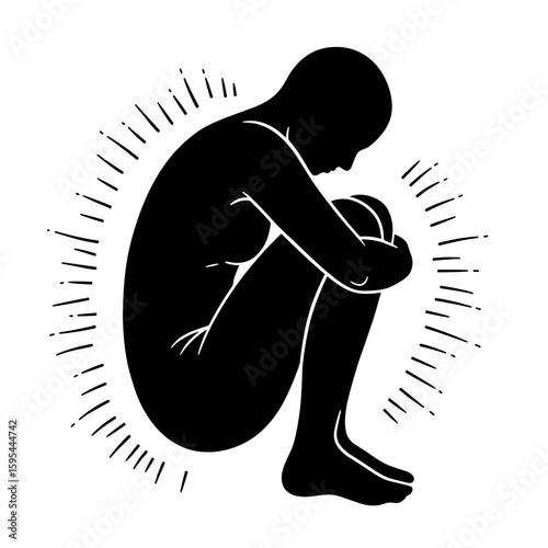 Silhouette of a man in the fetal position with stress lines around him - Concept of Burnout  