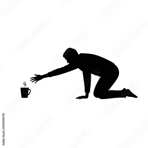 Silhouette of exhausted man on knees reaching for coffee cup – concept of burnout and fatigue