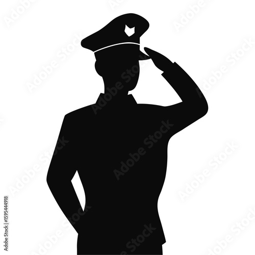 Silhouette of a police officer saluting respectfully on white background isolated on white background
