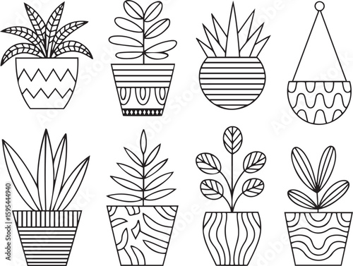 Line art drawing set of potted plants and houseplants with decorative pots
