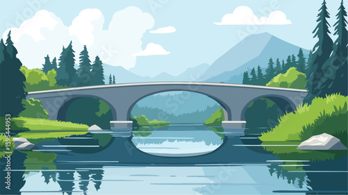 Serene Waterway Bridge Landscape in Harmonious Nature Setting