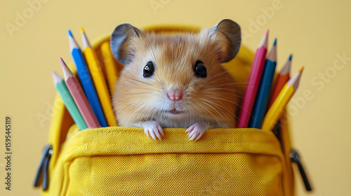 Adorable Hamster in Yellow Backpack with Colored Pencils - Back to School