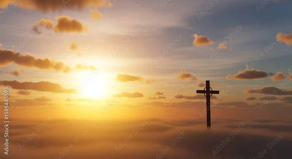 Sunset Over Clouds, Cross Silhouette, Spiritual Reflection, Nature Landscape, Peaceful Environment Sunset Over Clouds, Cross Silhouette, Spiritual Reflection, Nature Landscape, Peaceful Environment
