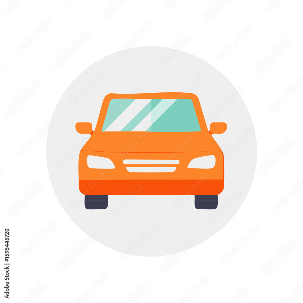 Orange passenger car illustration on light grey circular background