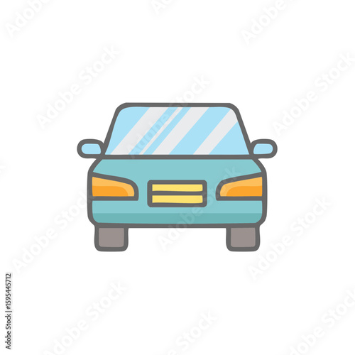Teal Vehicle Front View Icon, Car with Windshield Reflection,  Transportation Vehicle