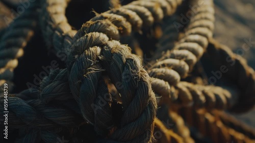 Close-up shot of a rope on a boat, ideal for use in nautical-themed designs or as a decorative element