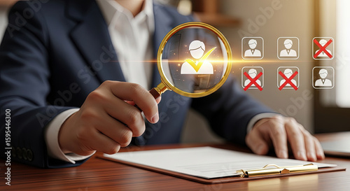 Recruitment Process: HR Manager Selecting Candidate with Magnifying Glass. Hiring, Job Interview and Employee Selection Concept. Business and Human Resources