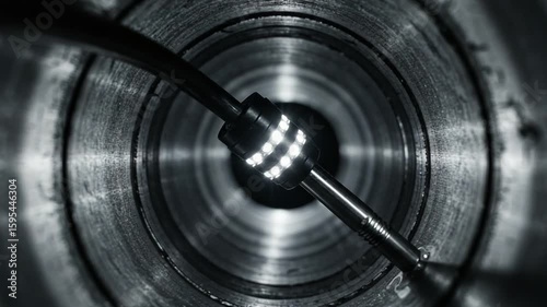 Industrial borescope inspection reveals details inside a metal pipe with an internal light