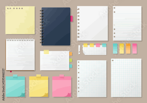 Assortment of various paper notes, notebooks, and sticky tabs arranged on a neutral background.