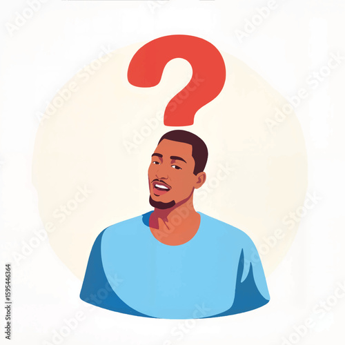 Young black man looking confused with question mark above his head  