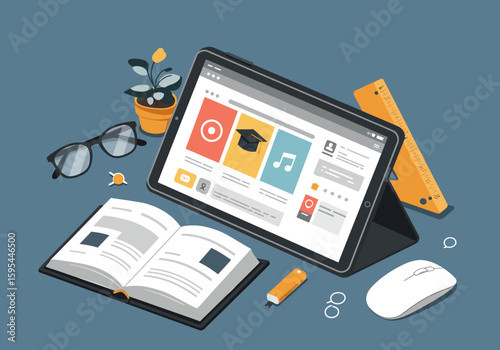 Open book, tablet computer, and various school supplies displayed in an isometric view, suggesting online education.