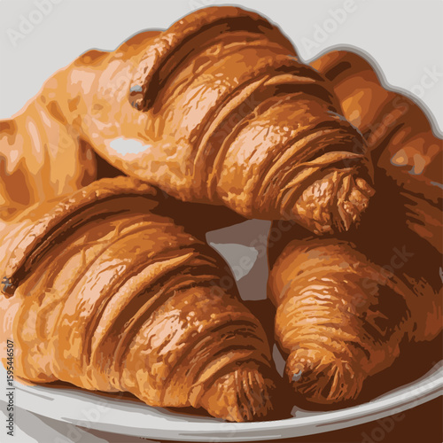 Stylized vector illustration of a delicious pile of golden brown flaky croissants on a plate for a bakery or cafe menu design
