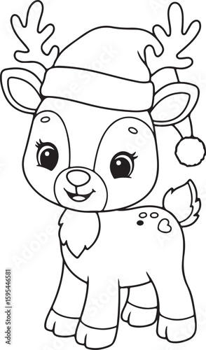 Cartoon reindeer baby with Christmas hat, heart-shaped hooves, smiling face, outlined line drawing for,