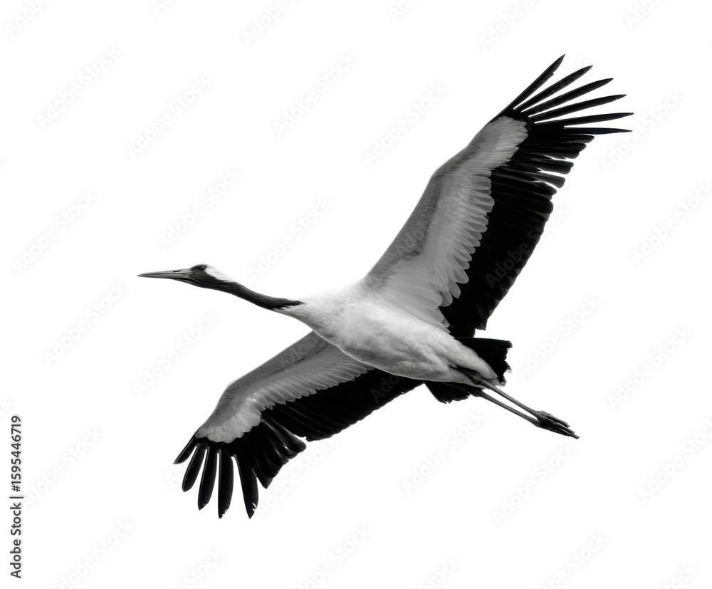Obraz premium Majestic crane in flight nature scene black and white photography. Isolated on transparent background, png.
