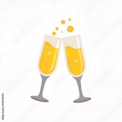Champagne glasses clinking with bubbles on white background  