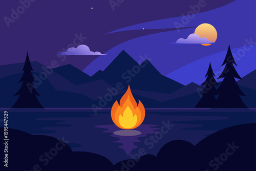 A Campfire Glowing Near a Lake Under Twilight Sky