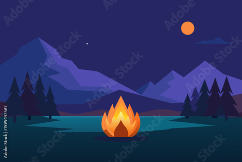 A Campfire Glowing Near a Lake Under Twilight Sky
