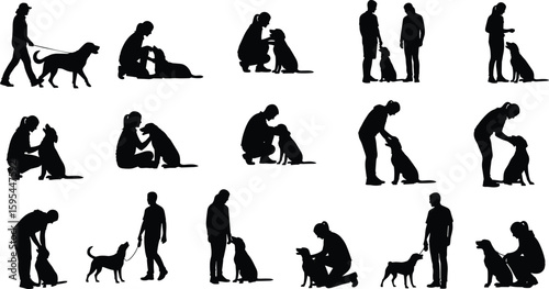 Dog lover silhouette illustration, walking sitting playing, pet care moments, bonding with animals, training dogs, outdoor lifestyle, vector concept