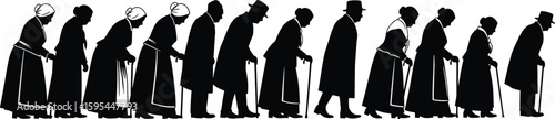 Elderly people silhouette walking with canes, aging process, historical clothing, mobility support, senior care, lifestyle, vector illustration, healthcare