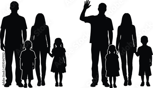 Family silhouette with children, parents holding hands, waving gesture, unity concept, outdoor scene, white background, vector illustration, love