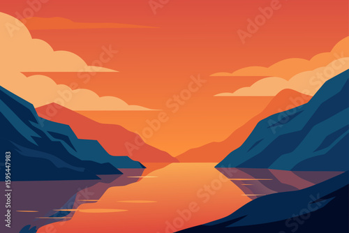 Scenic Fjord With Calm Waters and Orange Sky