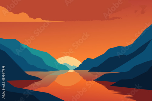 Scenic Fjord With Calm Waters and Orange Sky