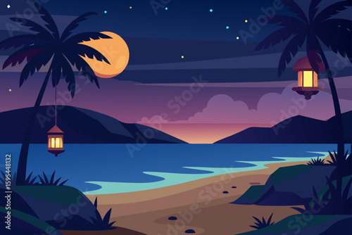 A tranquil tropical beach at dusk with glowing lan