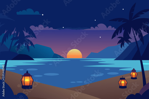 A tranquil tropical beach at dusk with glowing lan