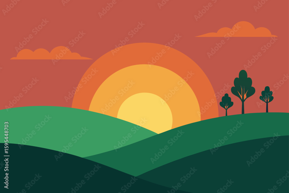 Obraz premium Flat Design Sunset Over Grassy Hills with Sparse Trees