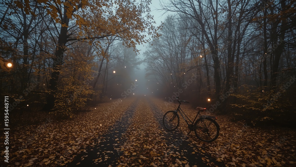 Fototapeta premium Abandoned Bicycle on Foggy Forest Path with Floating Lights – Magical Autumn Atmosphere at Dusk