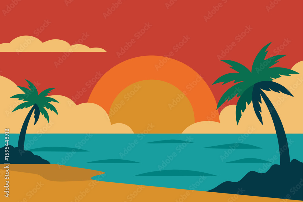 Fototapeta premium Flat Vector of Tropical Shoreline with Sun Setting