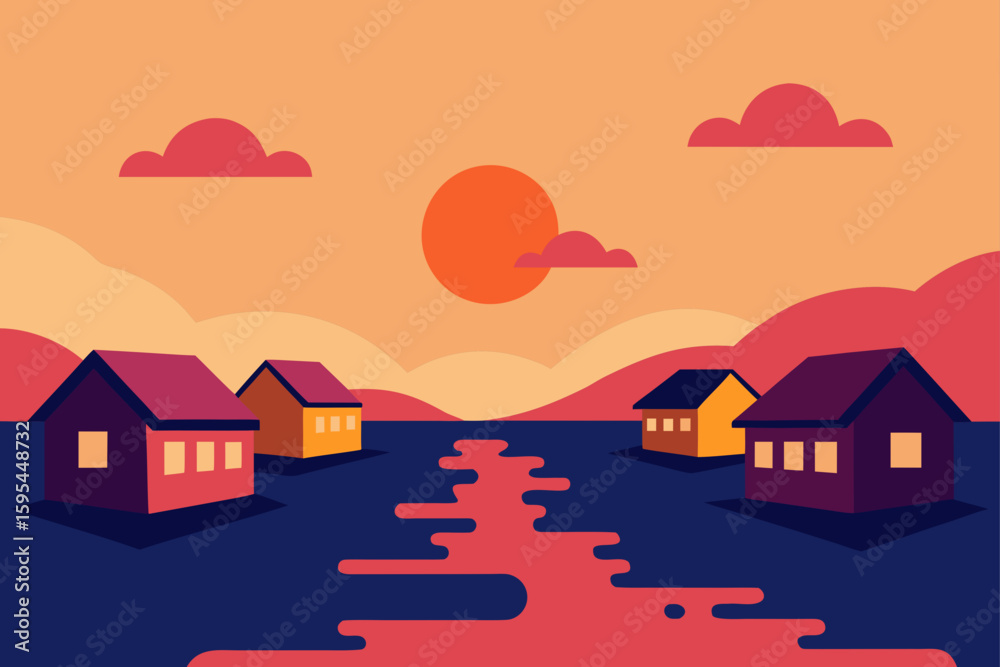 Naklejka premium Floating Houses on River During Sunset