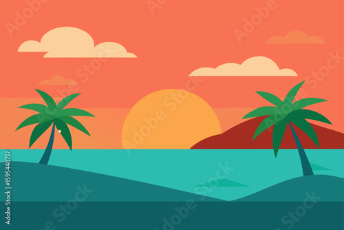 Flat Vector of Tropical Shoreline with Sun Setting