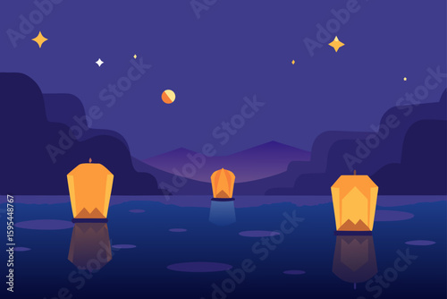 Floating Lanterns Over Quiet Lake at Twilight