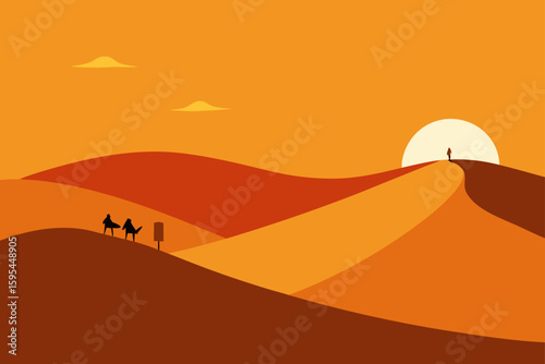 Desert caravan crossing sand dunes at sundown