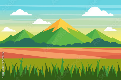 Peaceful rice field landscape with distant mountain