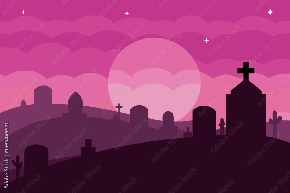 Naklejka premium Quiet Hilltop Cemetery Under Pink Sky