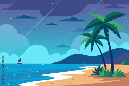 Rainy Tropical Beach Scene With Soft Light And Clouds