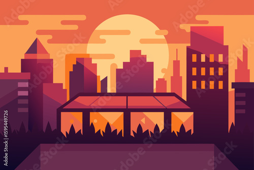 Rooftop gardens glowing in sunset city haze