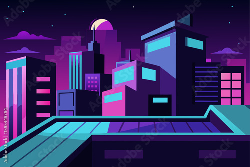 Rooftop View Of Neon Lit Cityscape At Night